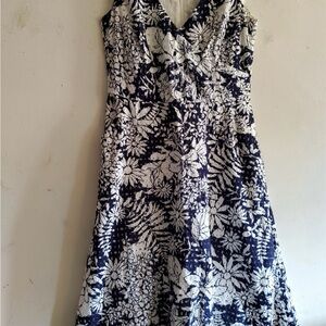Boden Navy and White Eyelet Fully Lined Floral Midi Knee Length Dress US Size 6R